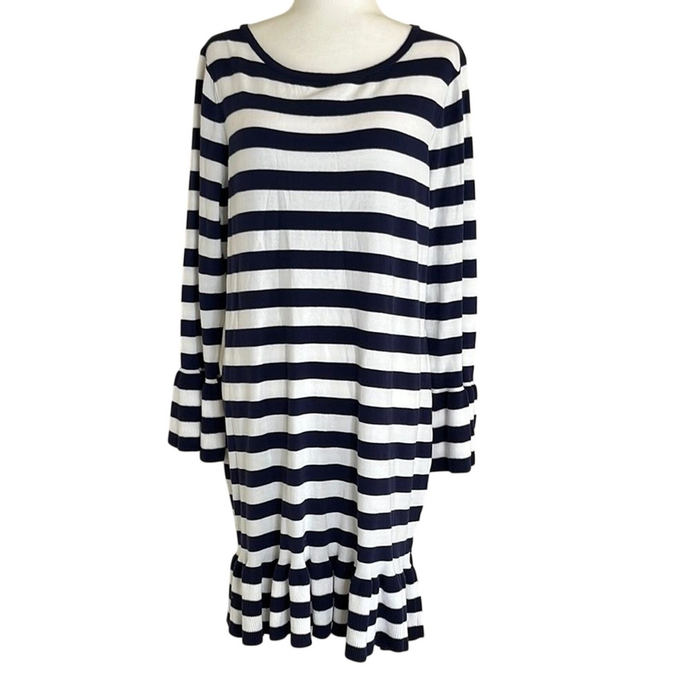 New STS Sail to‎ Sable Striped Navy White Long Sleeve Dress Ruffles Nautical XL